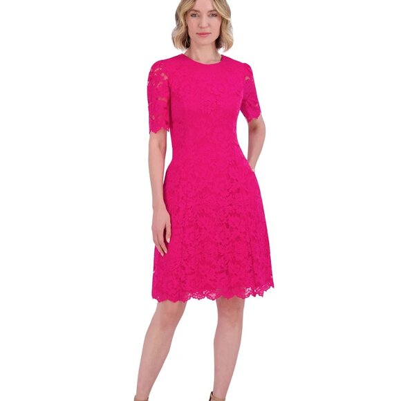 Jessica Howard Lace Short-Sleeve A-Line Dress Fuchsia Size 12 - Picture 1 of 4